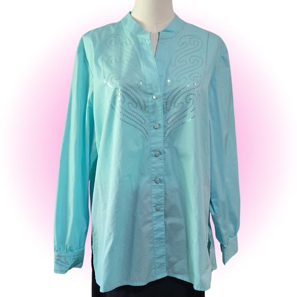 EUC AQUA BLUE EMBELLISHED IRIDESCENT SEQUINS LONG SLEEVE BLOUSE TOP WOMEN'S L - Picture 3 of 4